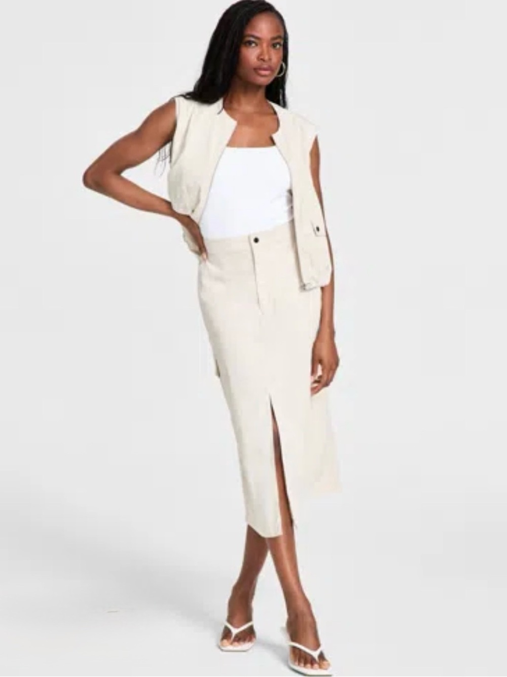Bar III Cream Split Front Midi Pencil Skirt